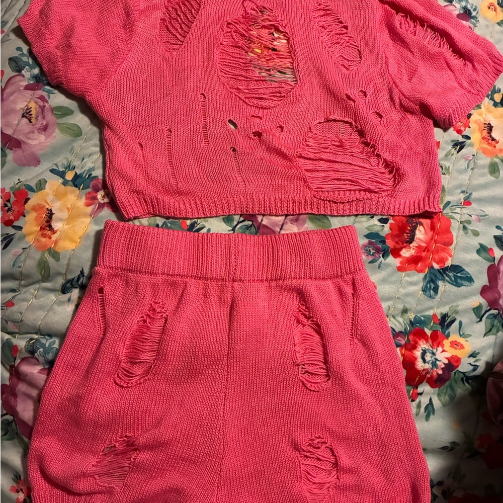 Pink Distressed Knit Top and Short Set